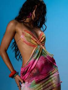 MUSERA Vestido mini ajustado con cuello halter, busto fruncido, drapeado sobre la cintura, detalle de lazo en la espalda, de malla, para verano, sexy, salir, playa, vacaciones, Ibiza, club, fiebre tropical - Multicolor - Ver 2