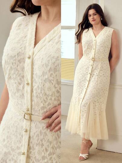 MOTF PREMIUM PLUS SIZE WOMEN'S ELEGANT MESH PATCHWORK DRESS, SPRING/SUMMER