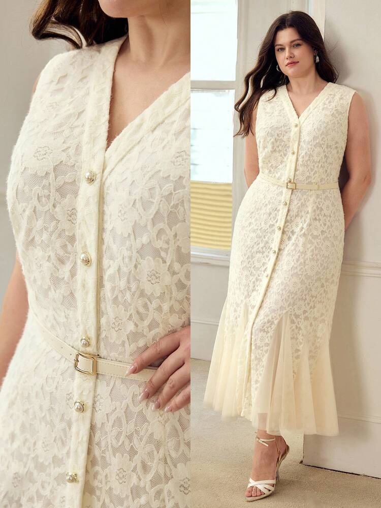 PLUS SIZE WOMEN'S ELEGANT MESH PATCHWORK DRESS, SPRING/SUMMER