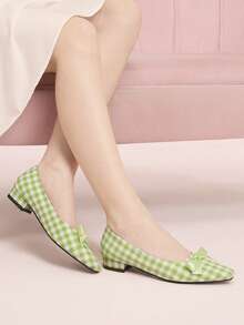 CUCCOO DOLLMOD Women's Green And White Plaid Square Toe Low Vamp Shoes, Satin Bow Flats, Fresh And Sweet Daily Commuting Versatile Women's Shoes - green and white - View 4