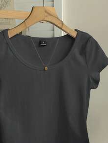 Tseoso 95%纯棉休闲简约图案圆领插肩袖修身女式T恤，深灰色 - 深灰色 - 查看 3