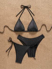 Aveloria Modichic 针织假日派对外出海滩纹理新年性感海滩冬季圣诞节爆款优雅夏季女士三件套三角杯黑白波点比基尼泳衣 - 黑色 - 查看 3