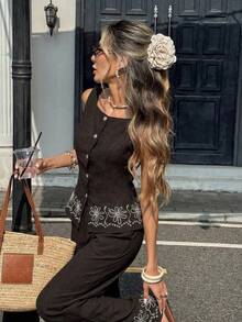 Serisse Bộ đồ nữ thêu họa tiết, áo không tay và quần dài, 2 món. - Cà phê nâu - Xem 3