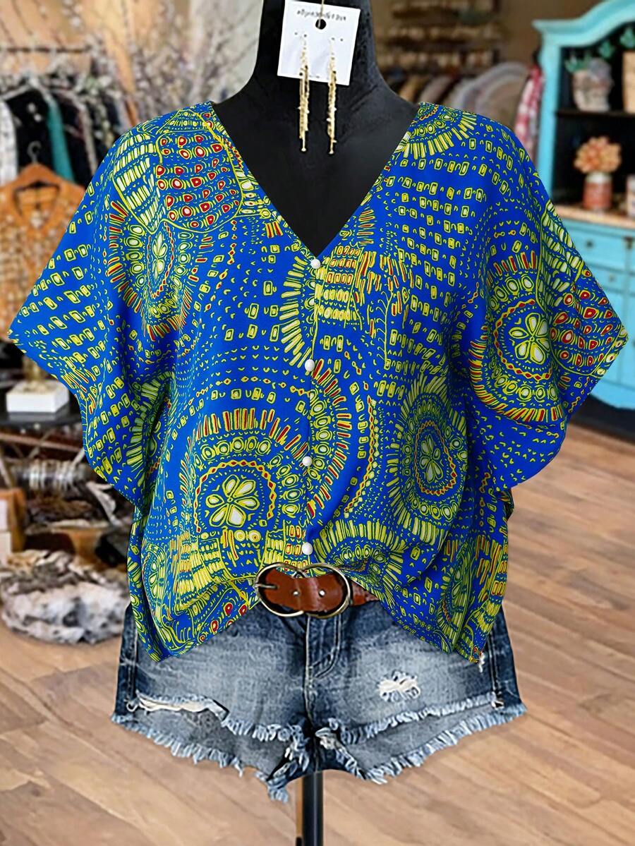 Linhara Plus Size Women's Blue V-Neck Printed Raglan Sleeve Ruffle Front Button Casual Vacation Holiday Autumn Boho Summer Tops Shirt Blouse - Blue - View 1