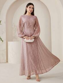Veilorie Women's Elegant Contrast Lace Lantern Sleeve Waist Cinched Dress, Suitable For Spring And Autumn - Dusty Pink - View 5