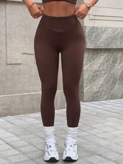 Dewbera Women's V-Waist Splicing Waistband Slimming Leggings, Tight Fit Casual Sports Pants, Breathable Mesh Fabric For Daily Wear & Workout