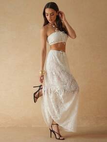Silquee Saia feminina casual romântica com bordado em renda e cintura elástica, ideal para férias na primavera/verão. - Damasco - Ver 1
