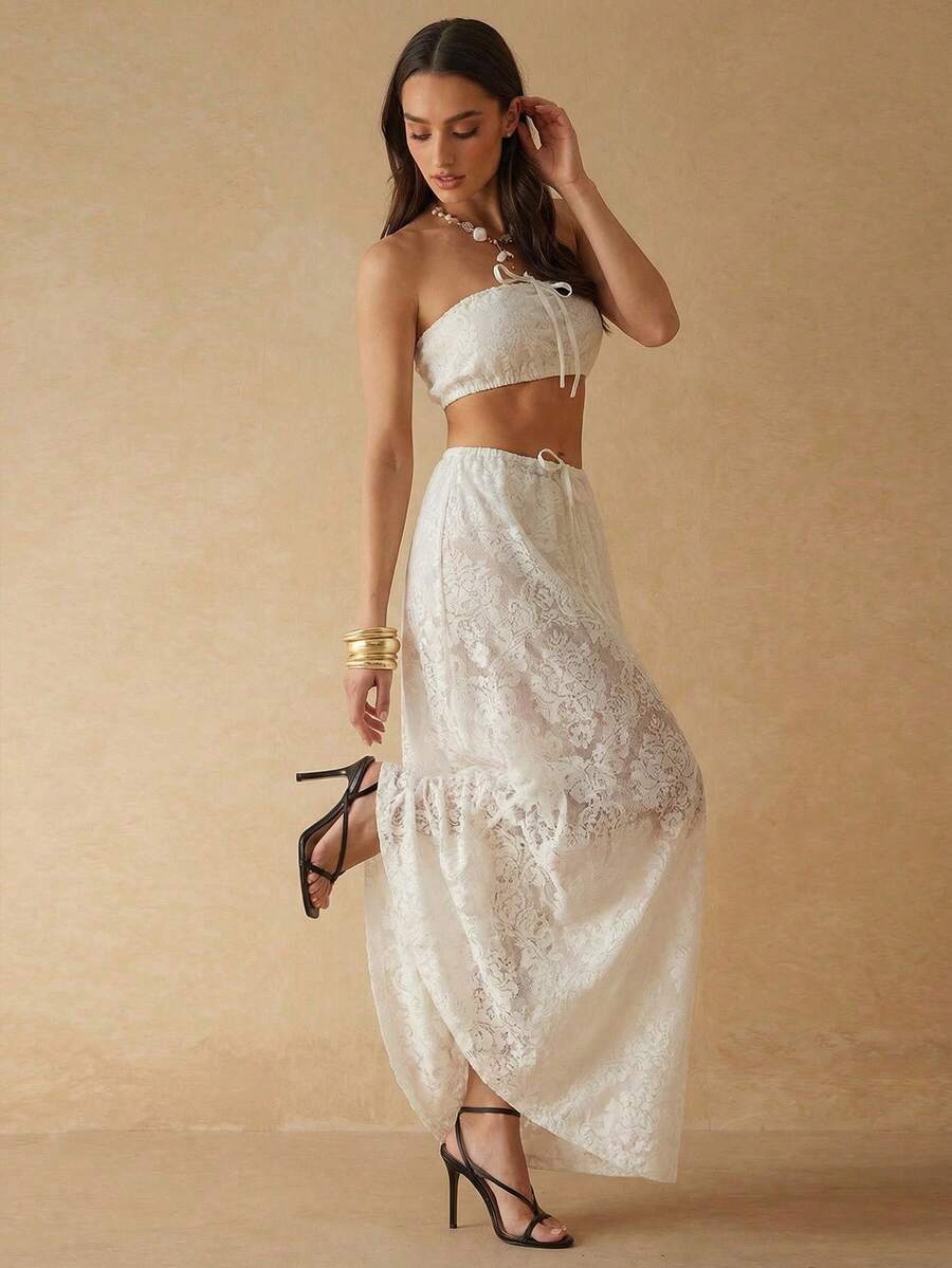 Silquee Saia feminina casual romântica com bordado em renda e cintura elástica, ideal para férias na primavera/verão. - Damasco - Ver 1