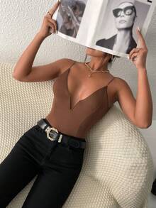 SHEIN PETITE Solid Plunge Neck Cami Bodysuit - Mocha Brown - View 3