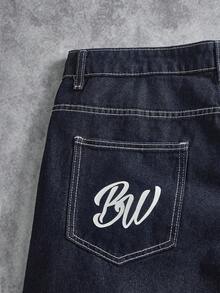 Manfinity ZONE917 男士时尚口袋印花宽松牛仔裤 - 深色水洗藍 - 查看 5