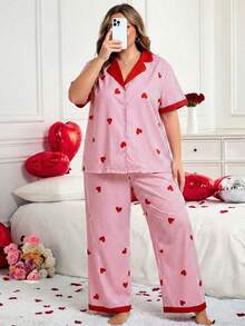 SHEIN CURVE+ 加大码女式条纹印花衬衫裤套装，情人节特惠，百搭秋季女装，冬季必备，加大码 - 粉色 - 查看 6