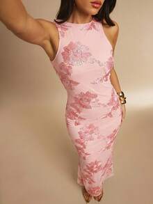 3D Floral Fitted Minimalist Sexy Dress - Rose Red - View 4