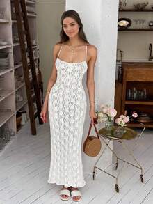 Selianne Women's Vacation Holiday Beach Cover Up Hollow Out Tie Backless Long Maxi Prom Knit Sweater, Spring/Summer - White - View 6