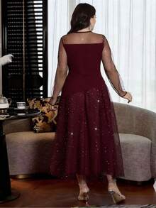 Modelyn Plus Size Women's Fashion Star & Moon Sequin Mesh Hollow Knit Long Sleeve Round Neck Flared Skirt 2-Piece Set - Burgundy - View 2