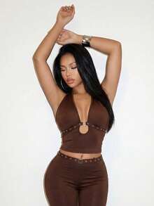 Slaydiva 夏季性感吊带露脐上衣和喇叭裤两件套 - 棕色 - 查看 5