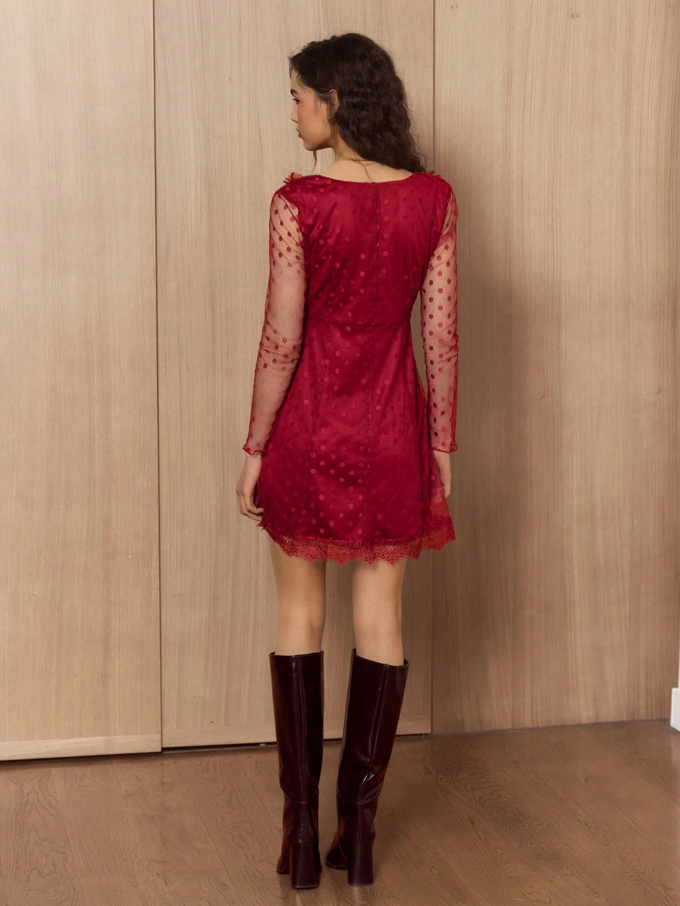 Red Polka Dot Mesh Mini Dress With Ruffle Trim And Lace Hem Vintage Look Spring Spring Dress Date Night Dress French Style Parisian Style