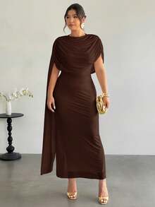 Plus Size Comfortable Casual Elegant Vacation Beach Music Festival Ruched Neck Commute Work Office Chiffon Elastic Slimming Dress For Women, Spring/Summer - Brown - View 5