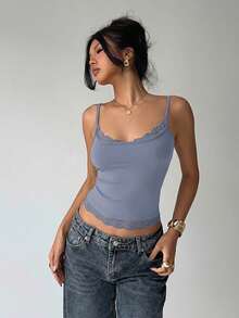 Aloruh Top de camisola ajustado con parches de encaje y volantes, versátil para uso diario - Neblina azul - Ver 5