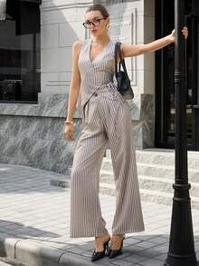 Women's Spring/Summer Striped 2-Piece Set, V-Neck Tie Waistcoat Vest And Straight Leg Pants, Fashionable For Commuting - Multicolor - View 6