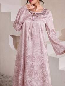Al Najma Vestido de manga larga acampanada con cuello mao, bordado y jacquard de color borgoña, para primavera/verano - Rosa vieja - Ver 5