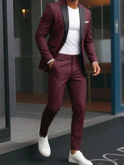 Manfinity Mode Men's Long Sleeve Pointed Collar Suit Jacket And Trousers Set, Twill Micro-Stretch Fabric, Slim Fit, Classic Luxurious Style Suit, Suitable For All Seasons, Ideal For Business, Formal Events And Everyday Wear,Men Old Money,Daily Leisure, Weekend Trips, Outdoor Activities, Travel Expeditions, Relaxed Work Environments Or Semi-Formal Occasions, Boyfriend/Husband Gift, Anniversary /Birthday Gift Party Summer Vacation Holiday,Wedding,Spring To Summer,Easter,Y2k,Vintage,Mens Slim Fit Burgundy Suit With Black Lapel Modern Two Piece Set For Formal Events,Suits For Men Slim Fit,Suits For Men Set,Business Casual Outfits Men,Office Outfits For Men,Luxury Suit For Men