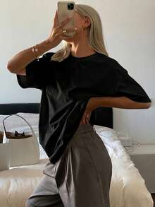 DAZY Solid Color Round Neck Loose Long Short Sleeve T-Shirt For Women - Black - View 5