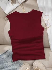 SHEIN EZwear Áo hai dây không cần áo ngực, cổ vuông, eo nhún, có đệm mút. - Màu Đỏ Sâu - Xem 2