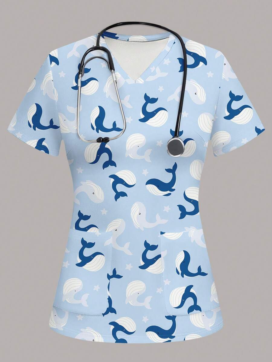 PopScrub Women's Whale Print Scrub Uniform Top - Multicolor - View 1