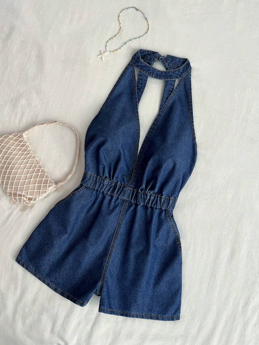 Elamini Women's Deep V-Neck Fashionable Halter Denim Jumpsuit - Blue - View 1