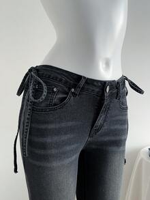 Elamini 女士侧系腰带口袋喇叭裤休闲牛仔裤 - 灰色 - 查看 5