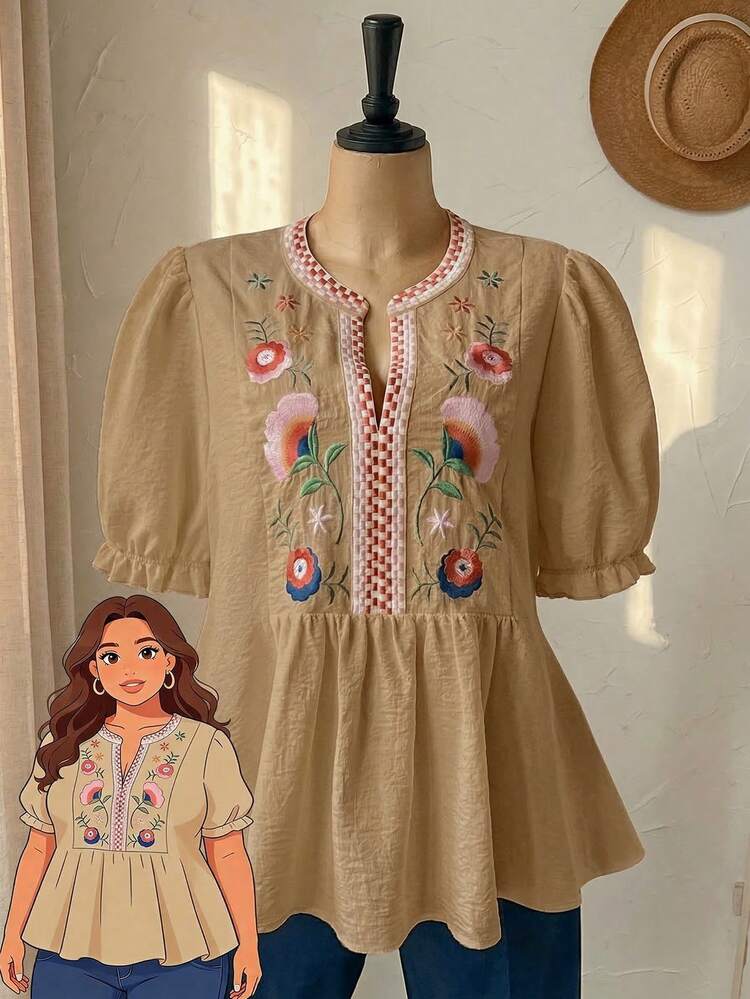 Plus Size Floral Embroidered Casual Vacation Shirt Women's Tops And Blouses Beautiful Tops For Women Women's Shirts For Summer Summer Dress Summer Outfits For Women Spring Clothing Spring Outfit Beach Outfits For Women Vacation Outfits Women Summer Holiday Outfits Country Style For Women Summer Tops