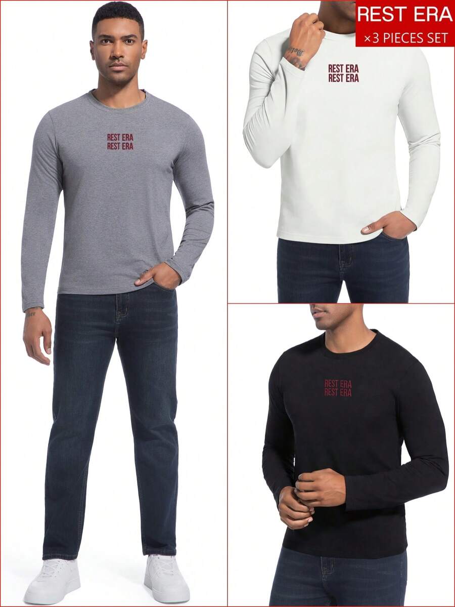 EasyFave 3pcs/Set Men's Letter Print Base Layer Tops, Fashionable Multi-Color - Multicolor - View 1