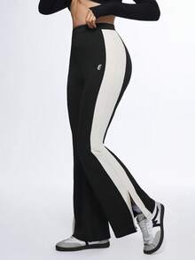 Eassivo Contrast Color Patchwork Split Casual Sports Pants - Black - View 2