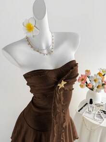 Sweetra Women's Yellow Knit Jacquard Metal Starfish Decor Ruffle Hem Bodycon Mini Dress, Spring/Summer , Suitable For Vacation, Beach, Bohemian, Elegant Party, Romantic Date, Versatile Daily Wear - Brown - View 5