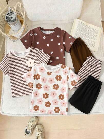 3 Conjuntos de Camiseta de Manga Corta con Cuello Redondo + Pantalones Cortos para Niñas Jóvenes, Patrones de Flores Blancas, Rayas Marrones, Flores Marrones, Adecuado para Uso Diario, Casa, Vacaciones, Cómodo y Relajado, Estilo Casual, Conjuntos Florales Ditsy, Distintivo para Otoño, Adecuado para el Uso Casual de Niñas Jóvenes