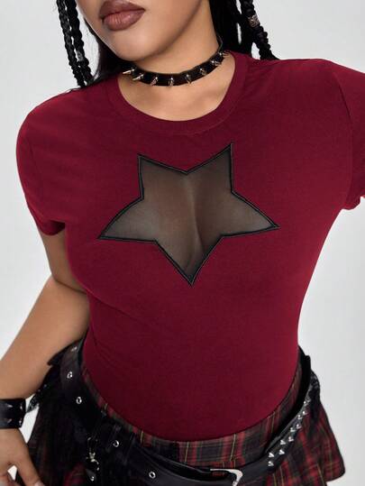 ROMWE Grunge Punk Camiseta versátil de unicolor con diseño hueco de estrella de cinco puntas de estilo punk Y2K sexy para talla grande