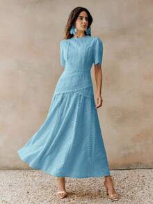 优雅花卉饰边圆领收腰短袖连衣裙（女款） - 藍色 - 查看 5