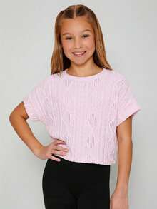 SHEIN Áo thun tay ngắn raglan cổ tròn, chất liệu vải dệt, dáng rộng, thoải mái dành cho bé gái tuổi teen. - Màu Hồng baby - Xem 6