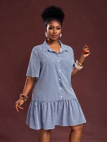 Slaydiva Plus Size Summer Casual Striped Front Button Dress - Royal Blue - View 4