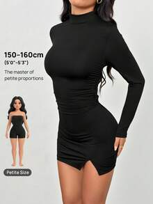 SHEIN PETITE Women Simple Plain Mock Neck Long Sleeve Pleated Casual Mini Dress - Black - View 11