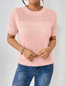 EMERY ROSE Women's Round-Neck Solid Color Short-Sleeved Knitted Top For Summer For New Year Clothes - Baby Pink - View 6