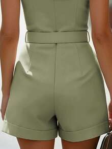 Balvessa Áo liền quần không tay, cổ áo blazer, khóa kim loại, eo bó, quần short ống rộng. - màu xanh lá - Xem 4