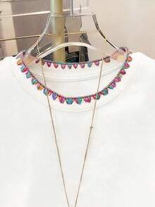 SHEIN Camiseta de manga corta de mujer de verano, nueva y de moda, con bordado de dientes de perro colorido, adecuada para citas, vuelta al colegio, Día del Maestro - Multicolor - Ver 4