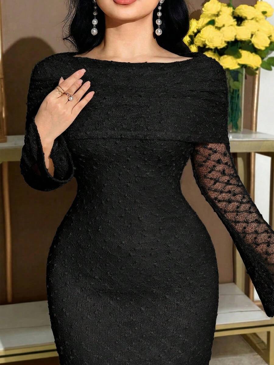 Modelyn Plus Size Elegant Solid Color Flare Sleeve Fitted Dress - Black - View 1