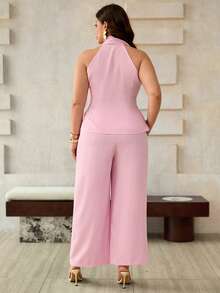 Roveilla Bộ đồ nữ cỡ lớn gồm áo không tay cổ chữ V nhún eo với khóa kim loại lớn và quần ống rộng cạp chun, dáng suông, thanh lịch, cổ điển kiểu Pháp, lãng mạn, tối giản, thích hợp cho công sở, đi làm, đi biển, nghỉ lễ, dạo phố, phong cách xuân hè. - Hồng - Xem 2