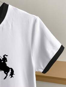 Resyla Camiseta de manga corta de cuello redondo con estampado de caballero y ribete de contraste, informal, para verano - Blanco - Ver 4