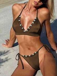 Swim SXY Bộ bikini gợi cảm, thoải mái, kiểu dáng yếm buộc dây, hở lưng, thắt nơ bên hông, đính hạt cườm, chất liệu vải bóng, thích hợp cho nữ, thích hợp mặc đi biển. - màu nâu - Xem 5