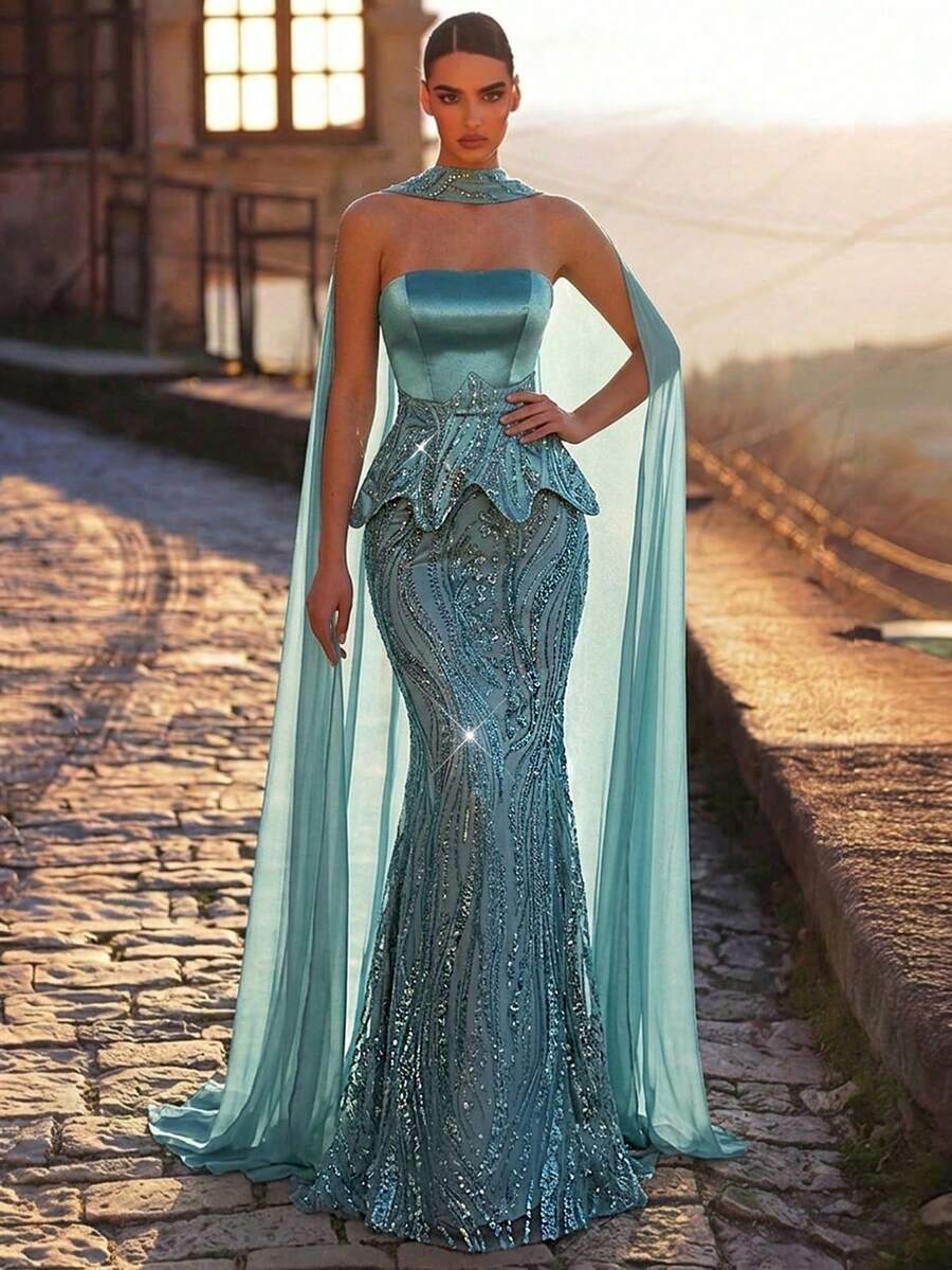 Aureia 优雅奢华的串珠、亮片和刺绣弹力缎面美人鱼裙摆无肩带连衣裙，配有可拆卸挂脖，适合婚礼、活动、派对、度假、盛会、正式场合（装饰繁复） - 藍色 - 查看 1