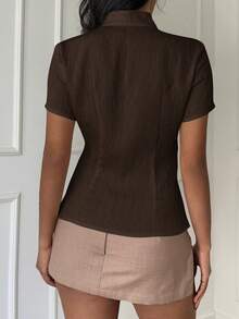 Aloruh Apricot New Chinese Style Button Collar Short Sleeve Waist Cinched Spring/Summer New Women Shirt,Summer Top - Coffee Brown - View 7