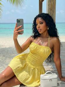 Slaydiva Spring/Summer New Elegant Casual Cute Sweet Vacation Beach Play Date Halter Neck Elastic A-Line Short Dress - A - Yellow - View 6